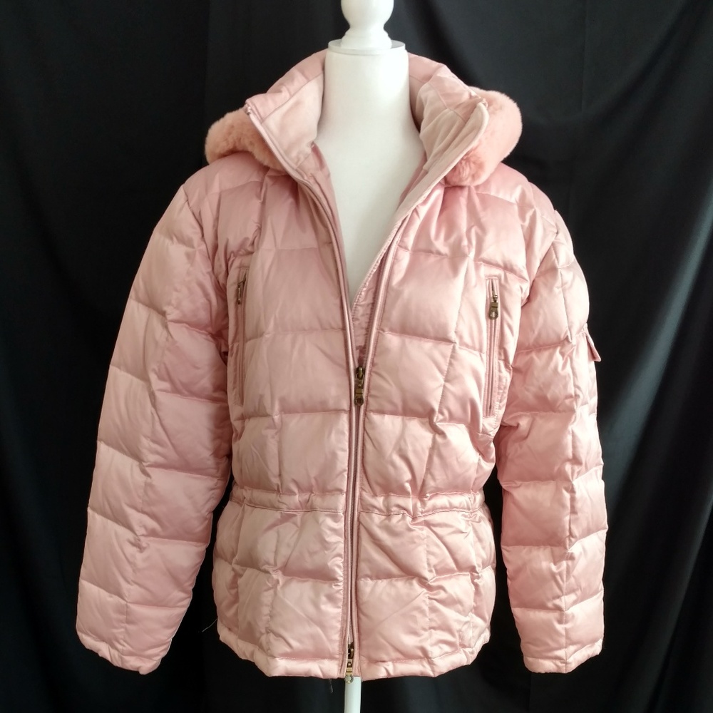 Pink Down Jacket Genuine Fur Trim Gem